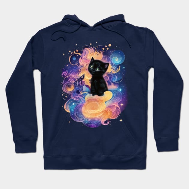 Night Magic: Black Kitten Sitting on Pink Clouds under a Starry Sky Hoodie by marleks